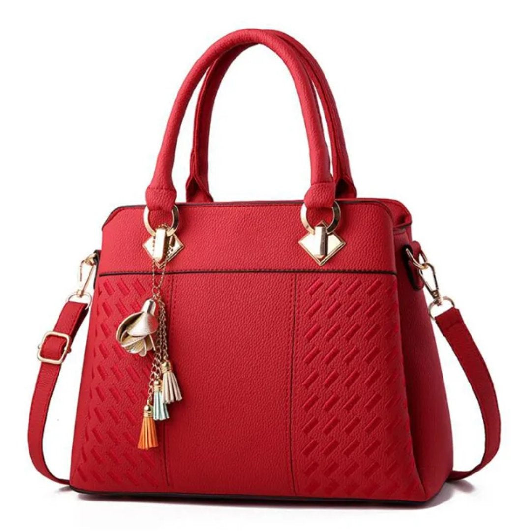 Women's Structured Handbag with Embossed Panel and Tassel Charm