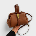 Women's Structured Top-Handle Bag with Pebbled-Texture Body and Gold-Tone Turn-Lock Closure