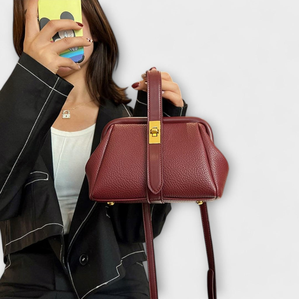 Women's Structured Top-Handle Bag with Pebbled-Texture Body and Gold-Tone Turn-Lock Closure