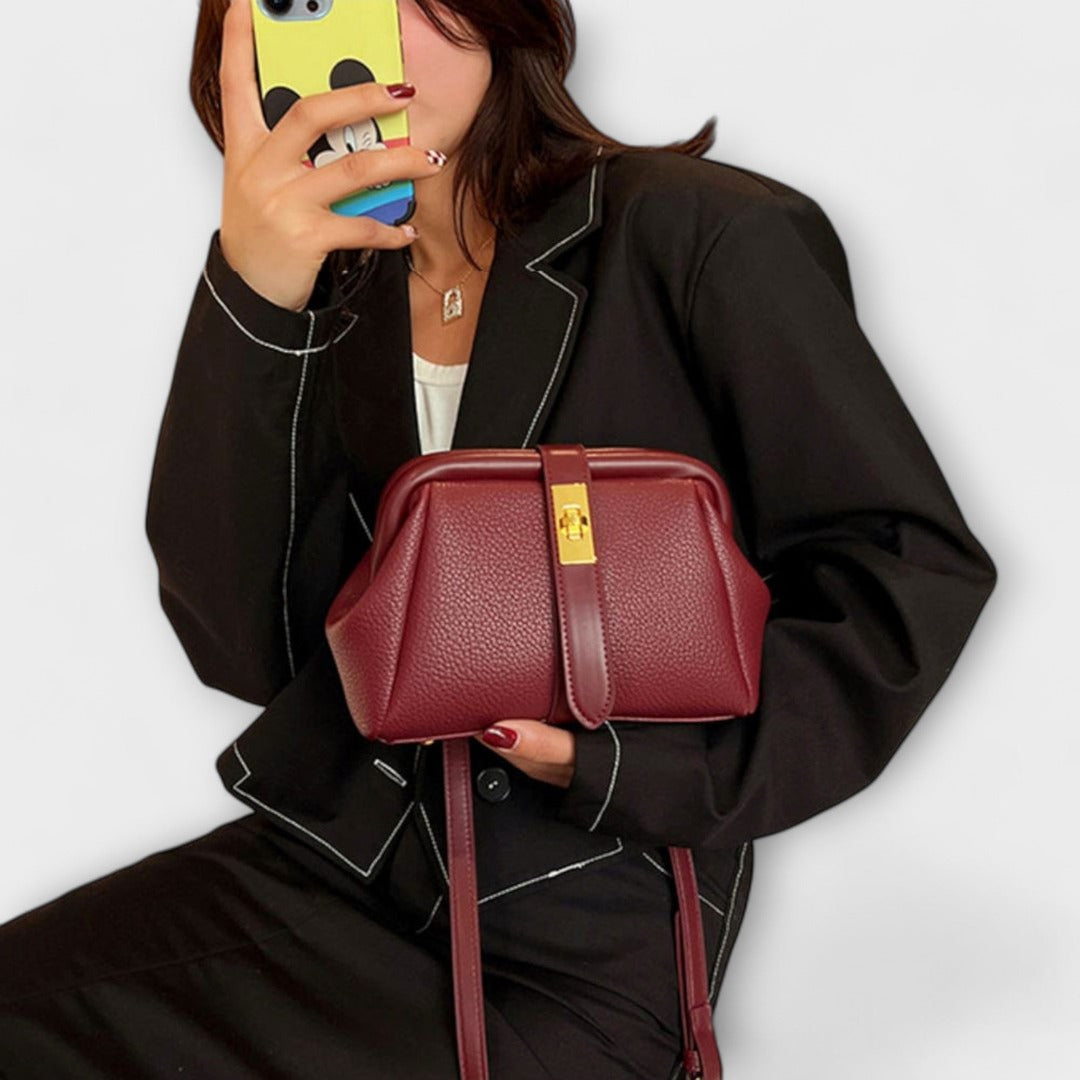 Women's Structured Top-Handle Bag with Pebbled-Texture Body and Gold-Tone Turn-Lock Closure