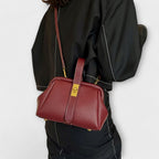 Women's Structured Top-Handle Bag with Pebbled-Texture Body and Gold-Tone Turn-Lock Closure