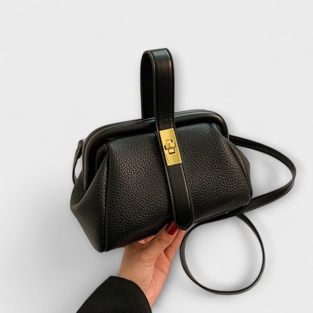 Women's Structured Top-Handle Bag with Pebbled-Texture Body and Gold-Tone Turn-Lock Closure