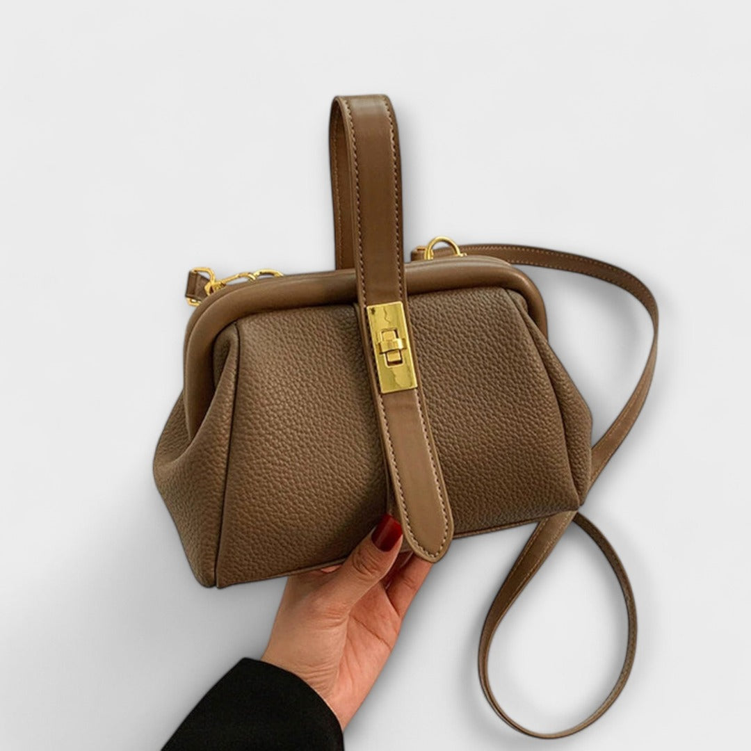 Women's Structured Top-Handle Bag with Pebbled-Texture Body and Gold-Tone Turn-Lock Closure