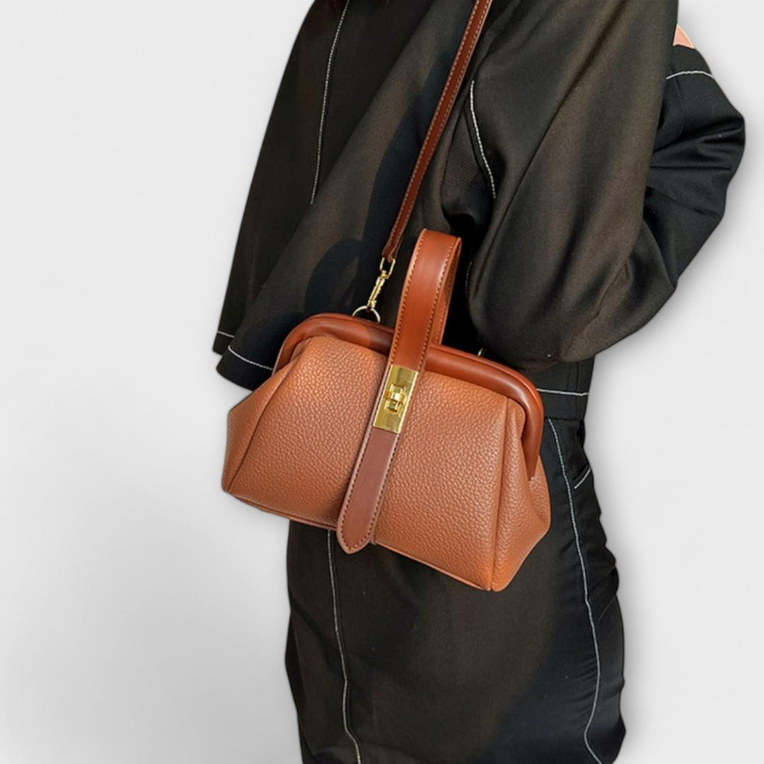 Women's Structured Top-Handle Bag with Pebbled-Texture Body and Gold-Tone Turn-Lock Closure