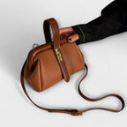 Women's Structured Top-Handle Bag with Pebbled-Texture Body and Gold-Tone Turn-Lock Closure