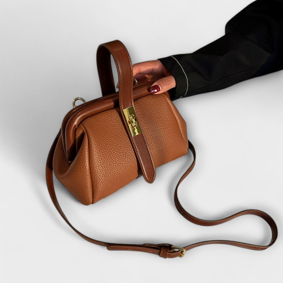 Women's Structured Top-Handle Bag with Pebbled-Texture Body and Gold-Tone Turn-Lock Closure