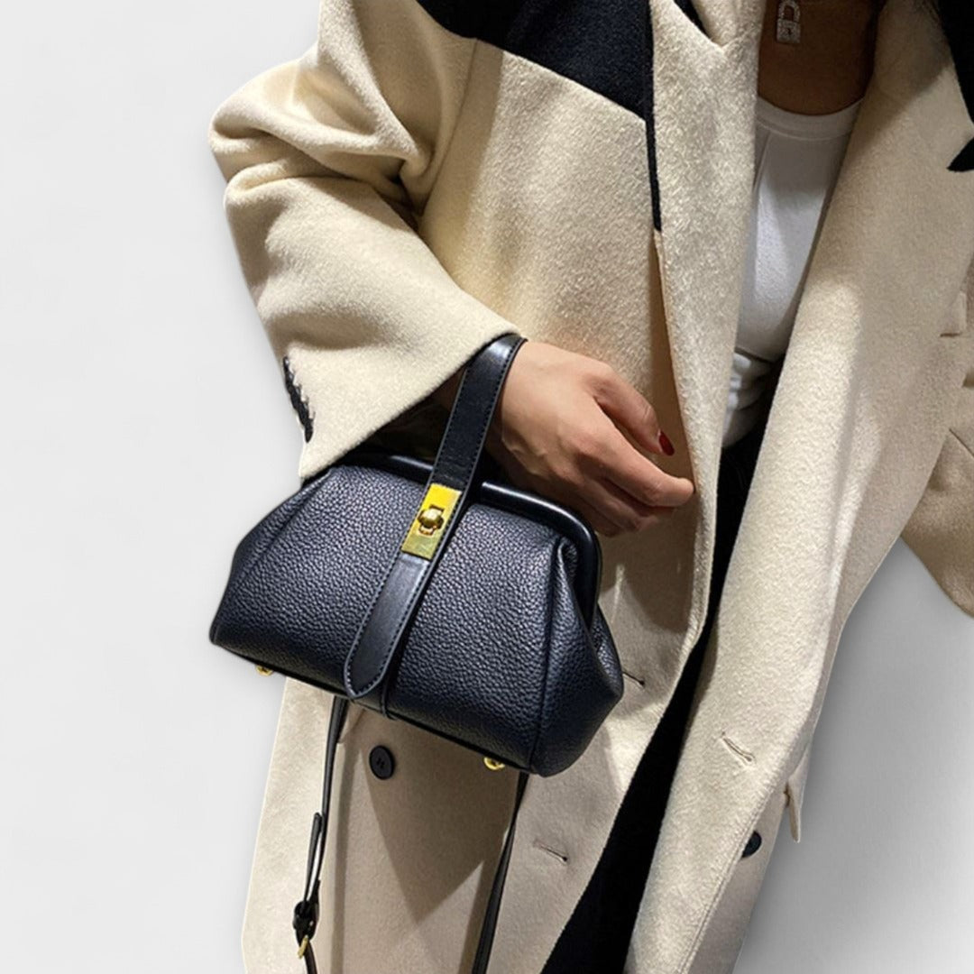 Women's Structured Top-Handle Bag with Pebbled-Texture Body and Gold-Tone Turn-Lock Closure