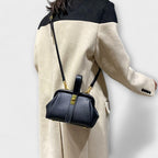 Women's Structured Top-Handle Bag with Pebbled-Texture Body and Gold-Tone Turn-Lock Closure