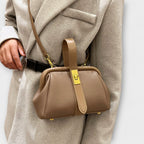 Women's Structured Top-Handle Bag with Pebbled-Texture Body and Gold-Tone Turn-Lock Closure