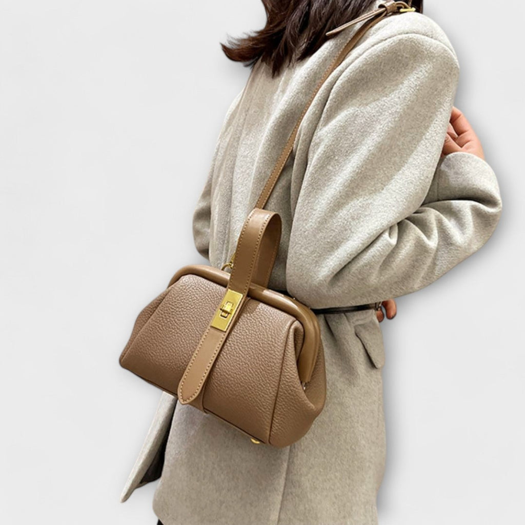 Women's Structured Top-Handle Bag with Pebbled-Texture Body and Gold-Tone Turn-Lock Closure