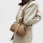 Women's Structured Top-Handle Bag with Pebbled-Texture Body and Gold-Tone Turn-Lock Closure