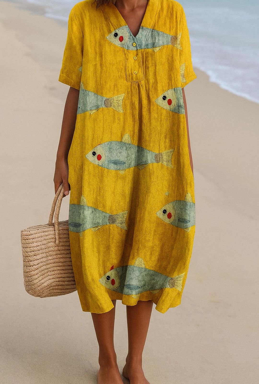 Women's Summer Beach Midi Dress with Button Neckline