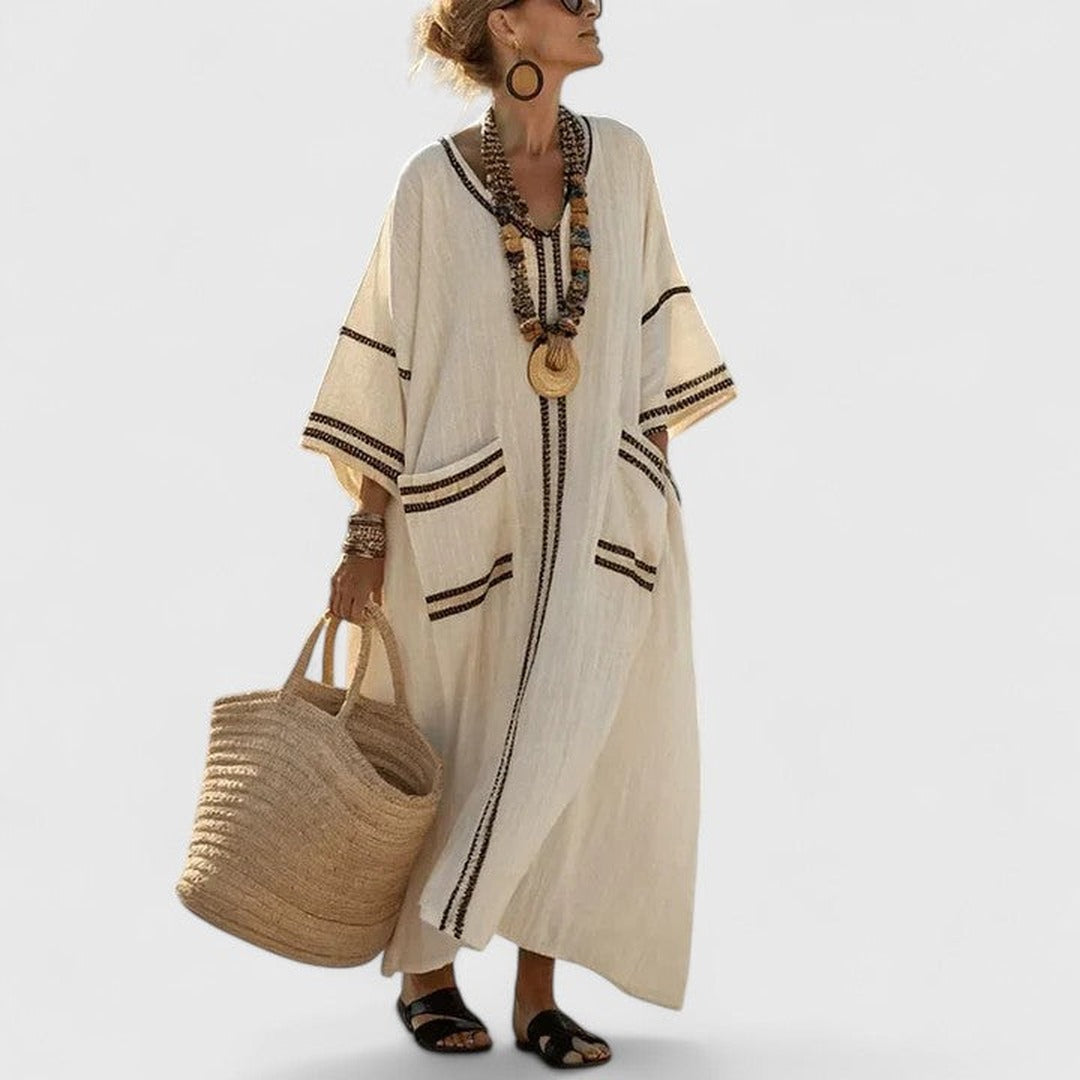 Women's Summer Boho Maxi Dress with V-Neck and Pockets