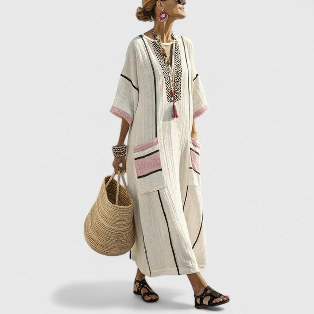 Women's Summer Boho Maxi Dress with V-Neck and Pockets