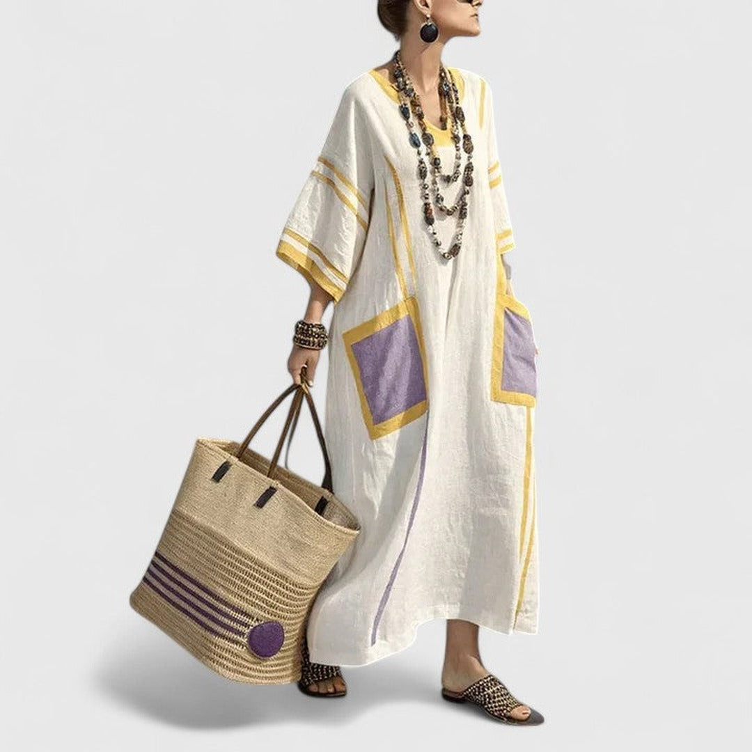 Women's Summer Boho Maxi Dress with V-Neck and Pockets
