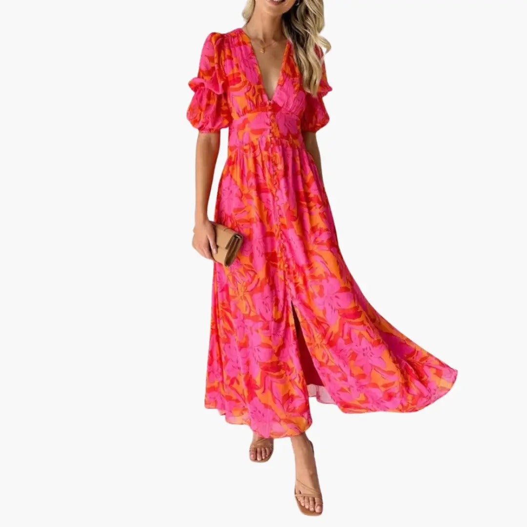 Women's Summer Floral Maxi Dress with Puff Sleeves