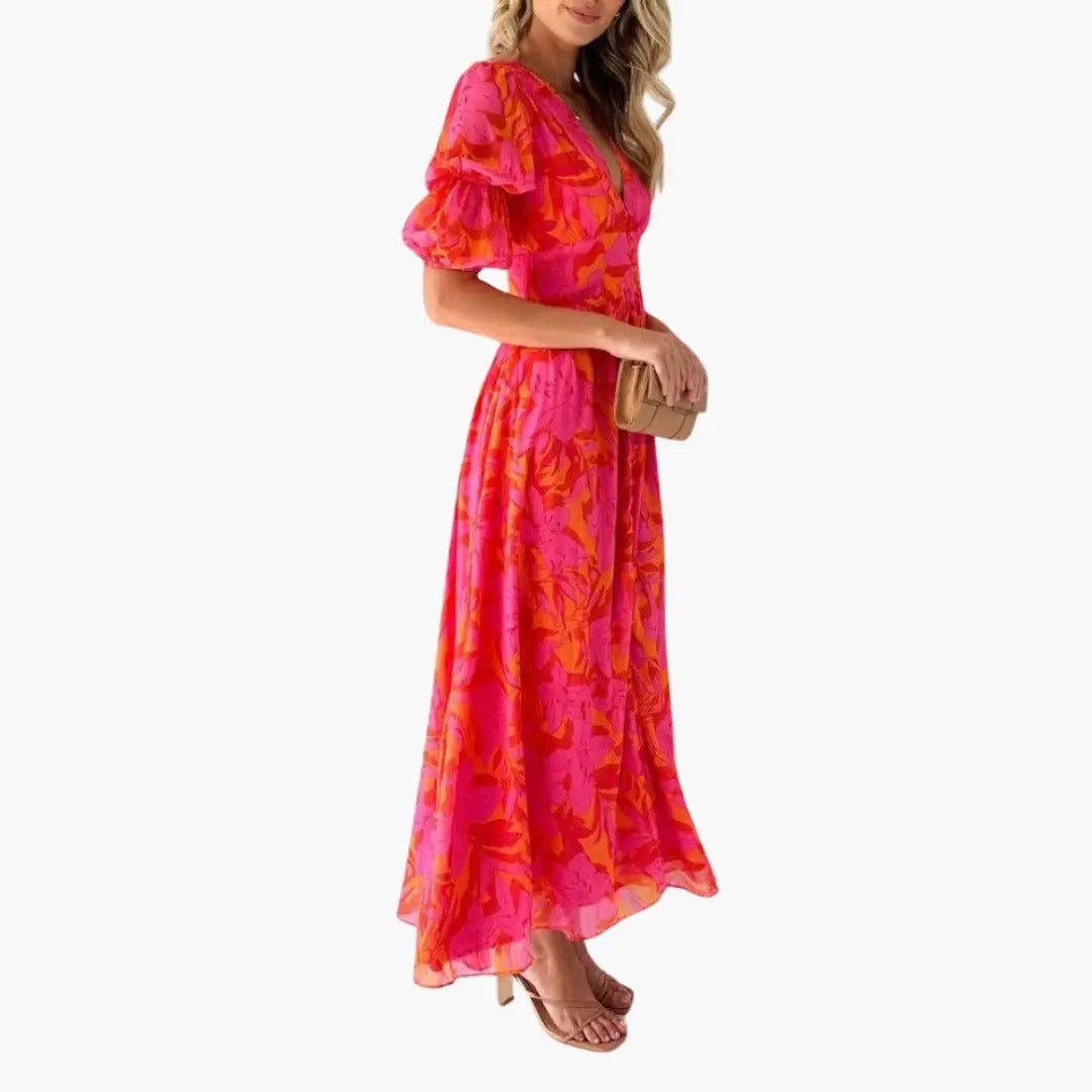 Women's Summer Floral Maxi Dress with Puff Sleeves