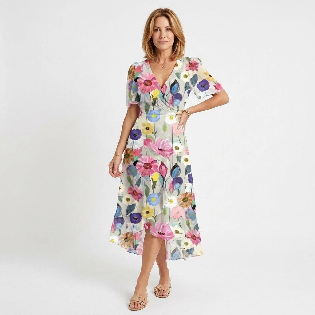 Women's Summer Floral Midi Dress with V-Neck