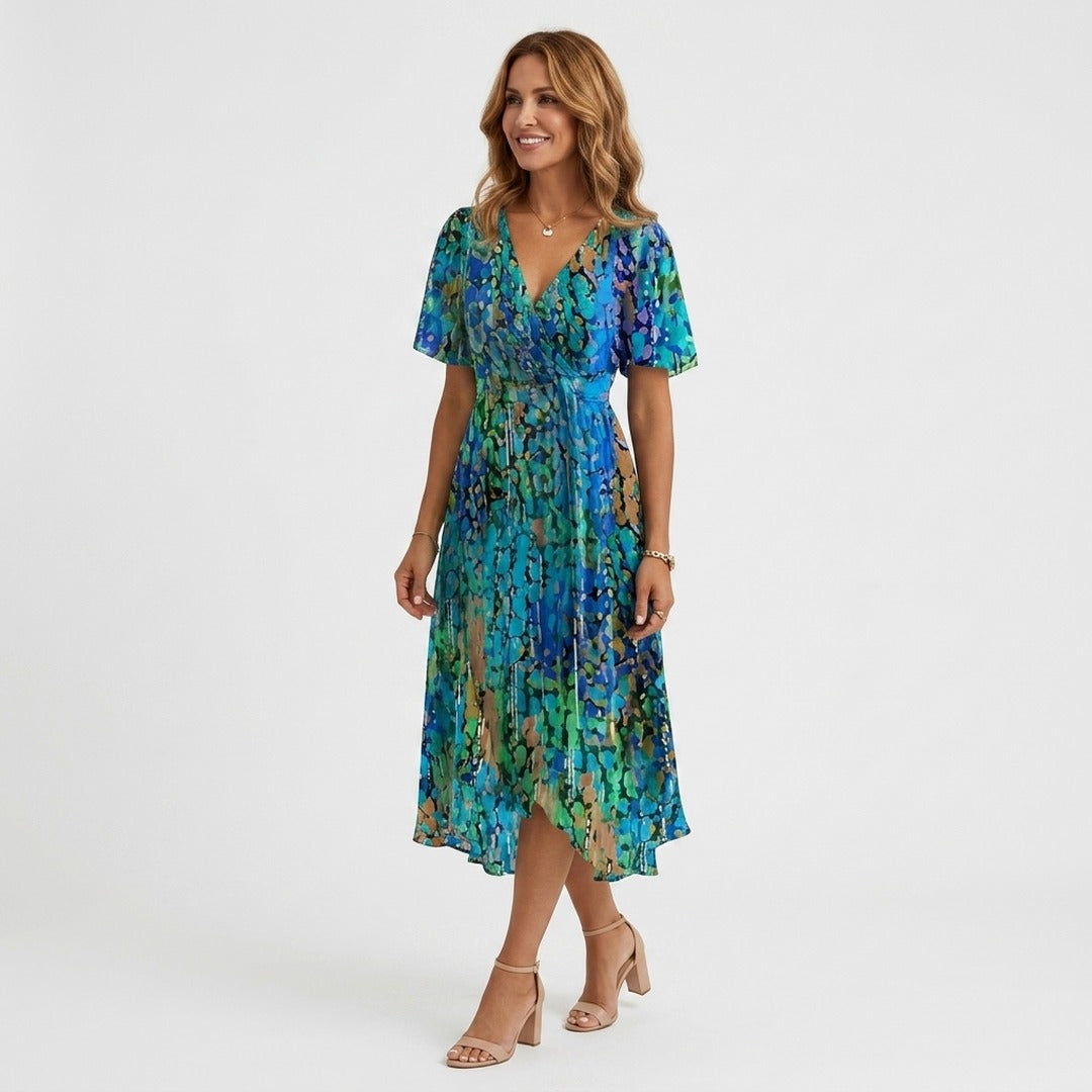 Women's Summer Floral Midi Dress with V-Neck