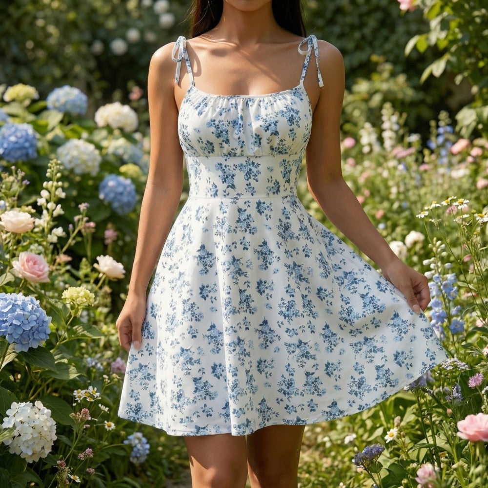 Women's Summer Floral Mini Dress with Tie Shoulder Straps