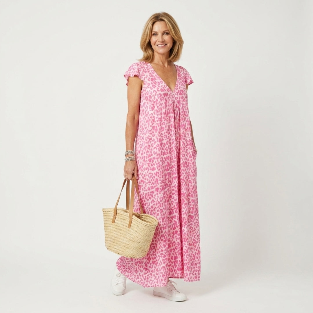 Women's Summer Leopard Print Maxi Dress with V-Neck