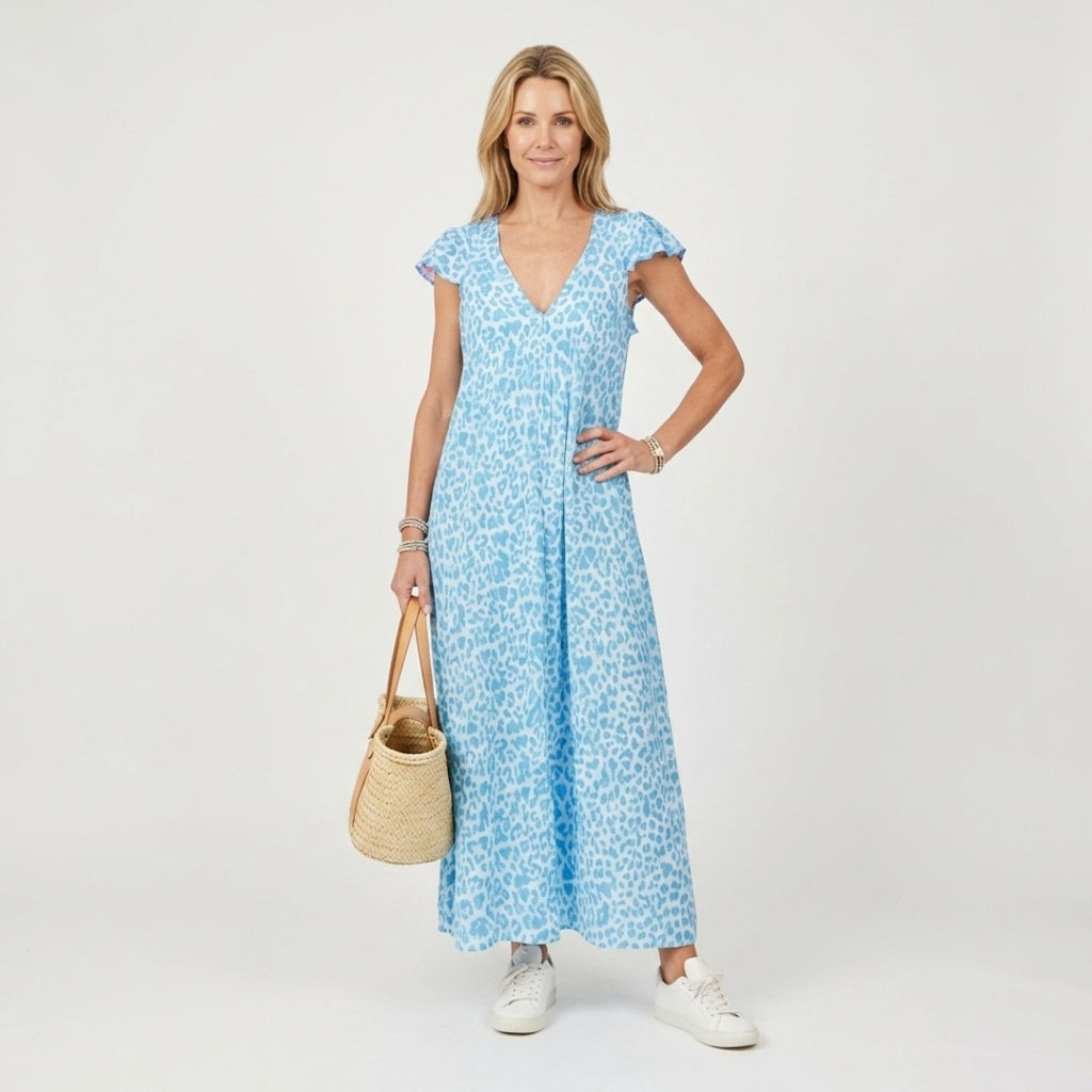 Women's Summer Leopard Print Maxi Dress with V-Neck