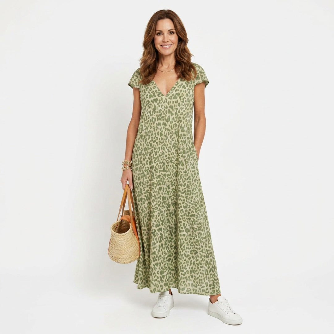 Women's Summer Leopard Print Maxi Dress with V-Neck