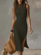 Women's Summer Linen Midi Dress with Side Split