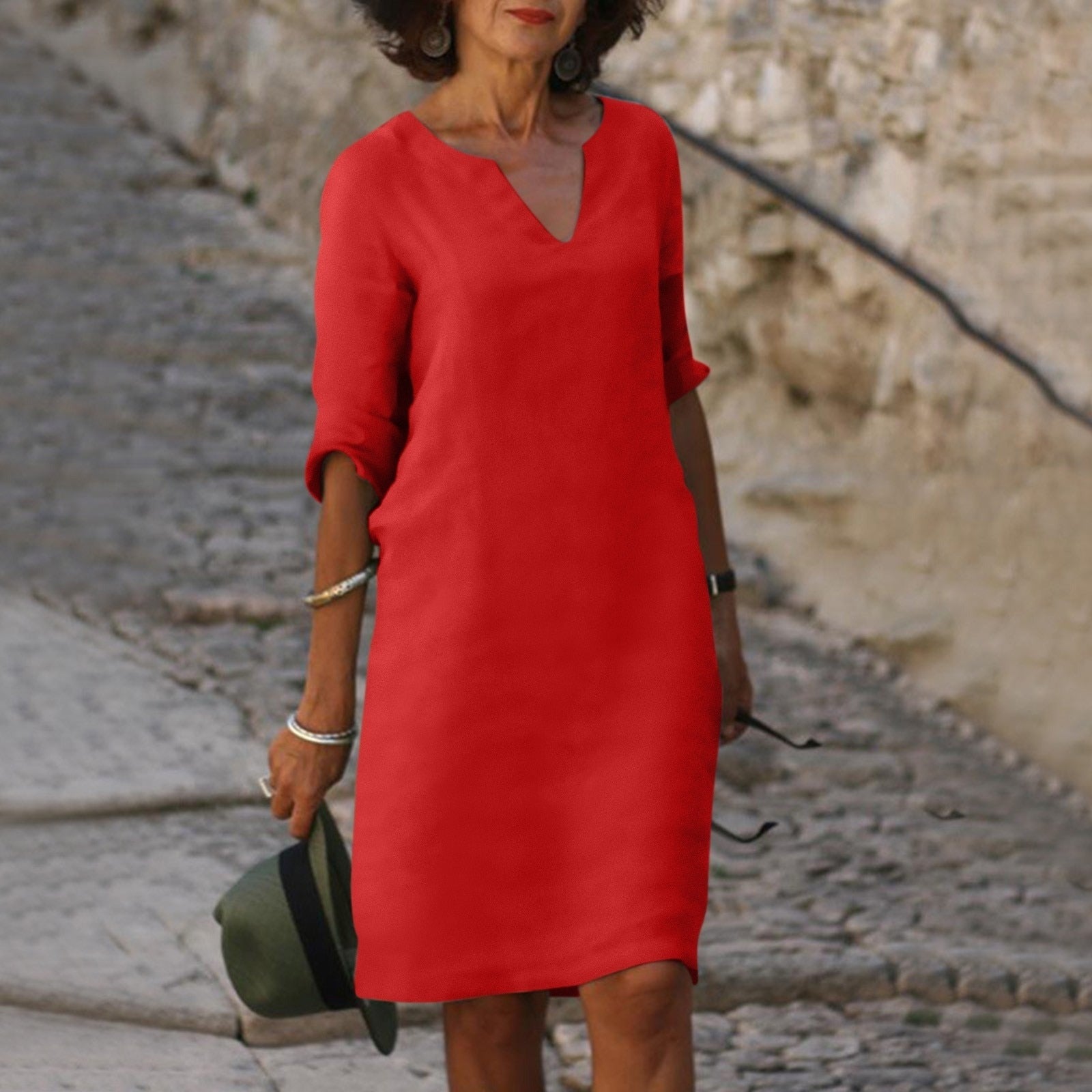 Women's Summer Linen Midi Dress with V-Neck and 3/4 Sleeves