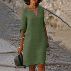 Women's Summer Linen Midi Dress with V-Neck and 3/4 Sleeves