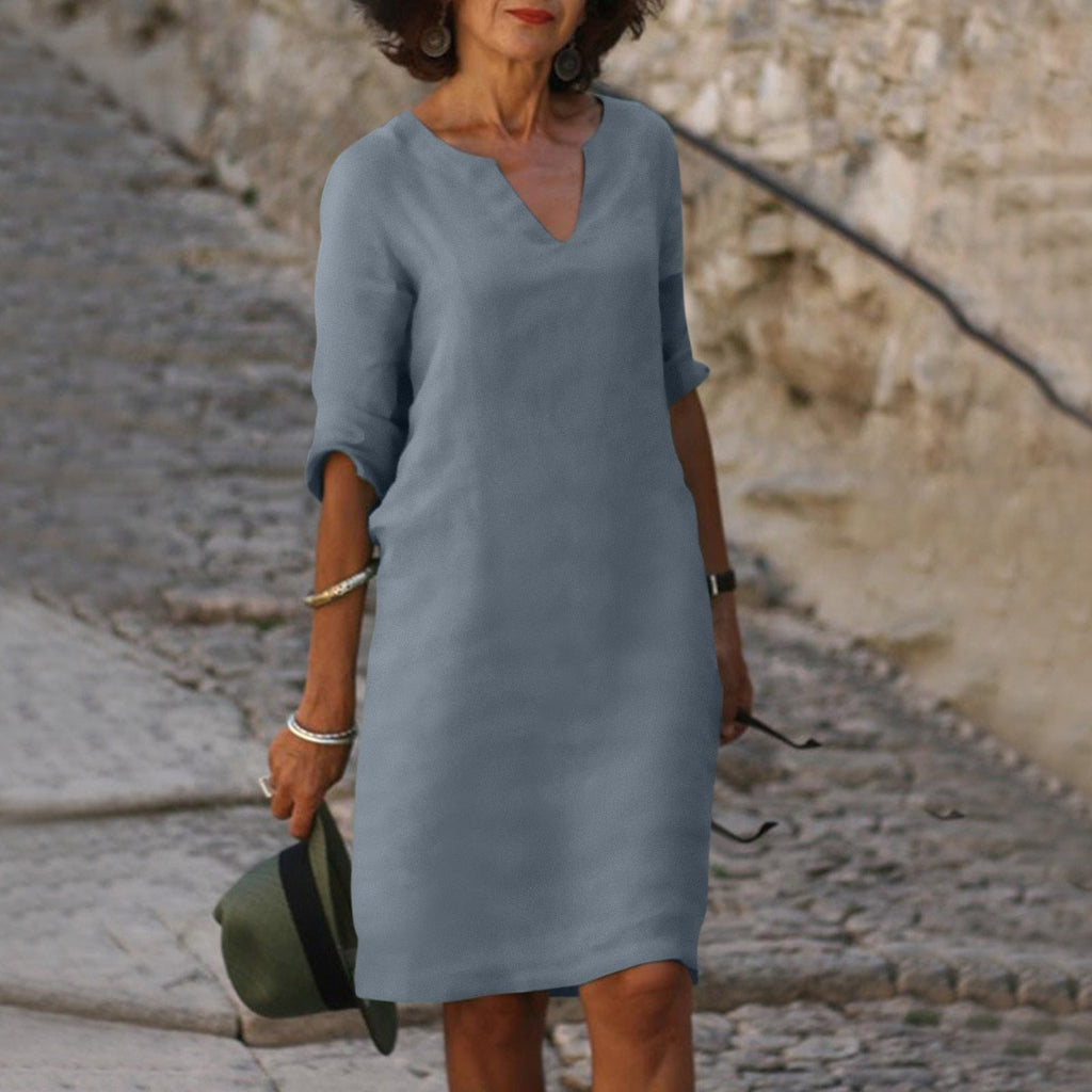 Women's Summer Linen Midi Dress with V-Neck and 3/4 Sleeves