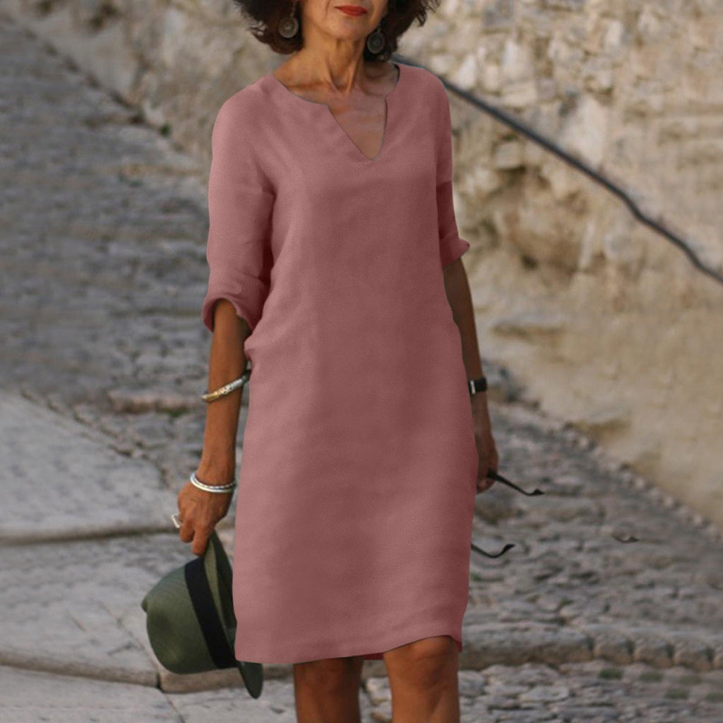 Women's Summer Linen Midi Dress with V-Neck and 3/4 Sleeves