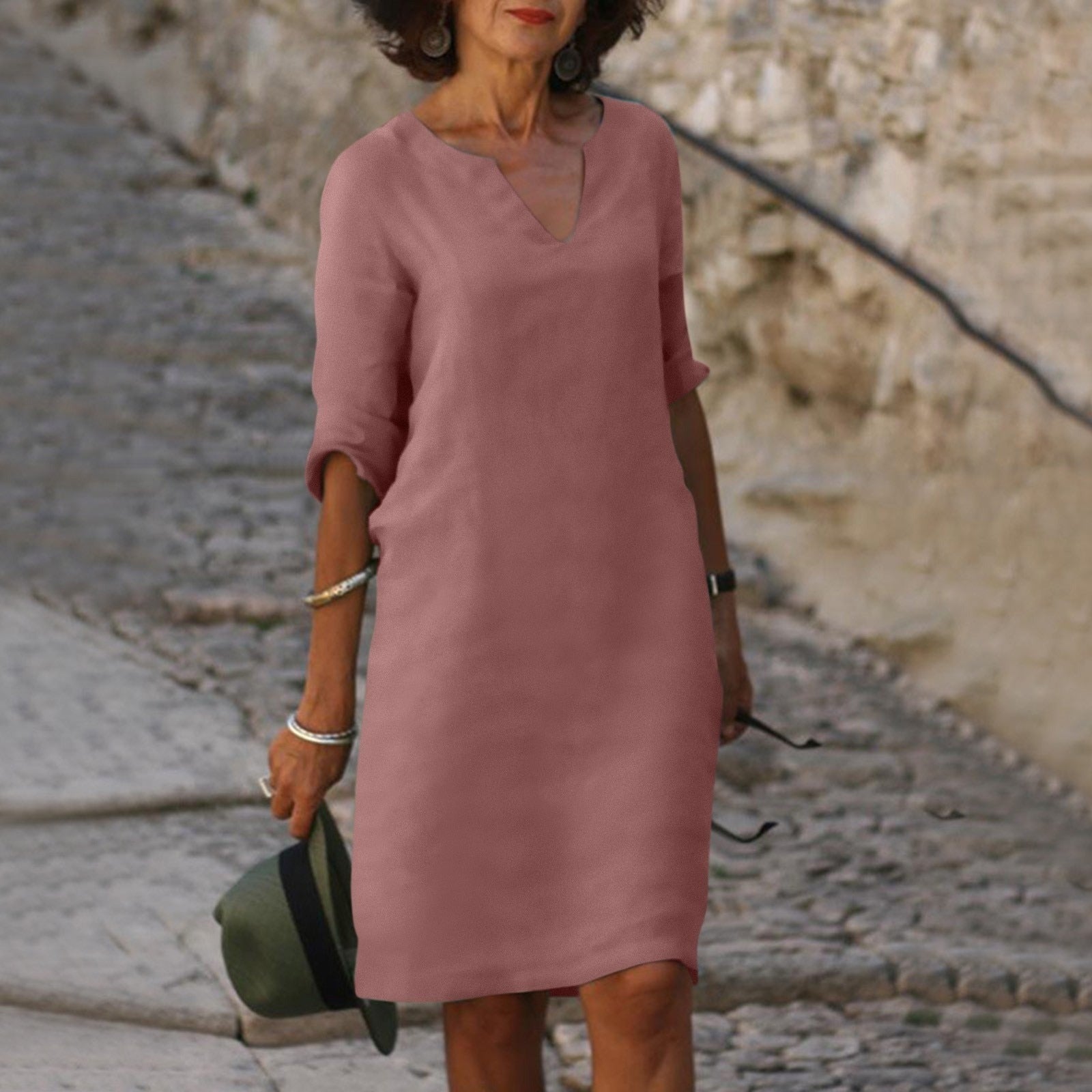 Women's Summer Linen Midi Dress with V-Neck and 3/4 Sleeves