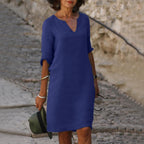 Women's Summer Linen Midi Dress with V-Neck and 3/4 Sleeves