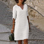 Women's Summer Linen Midi Dress with V-Neck and 3/4 Sleeves