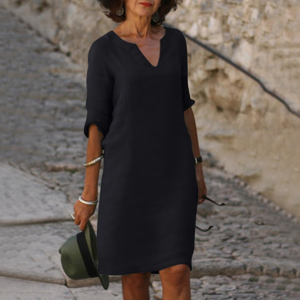 Women's Summer Linen Midi Dress with V-Neck and 3/4 Sleeves