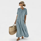 Women's Summer Maxi Dress with Bow Tie Neck and Pockets