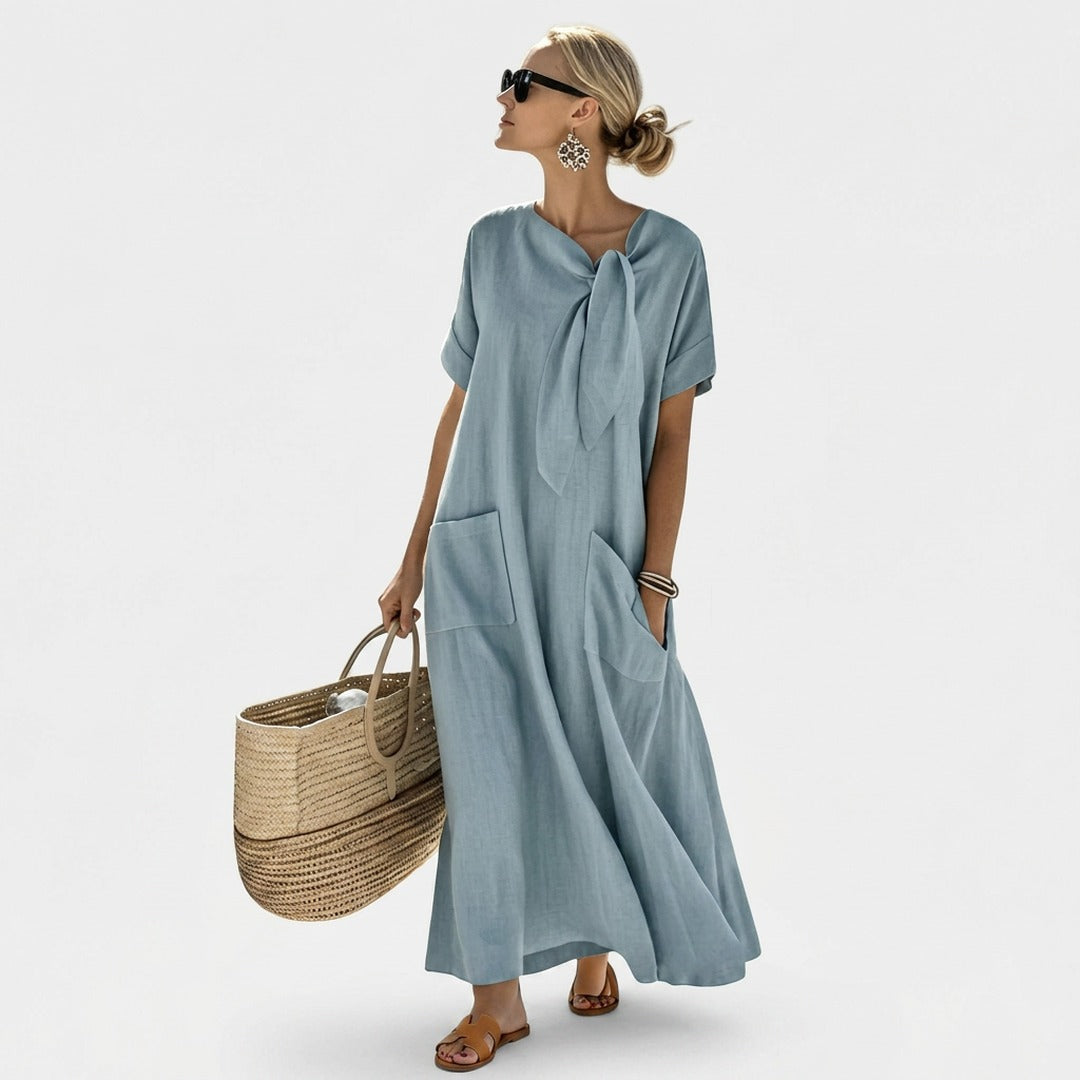 Women's Summer Maxi Dress with Bow Tie Neck and Pockets