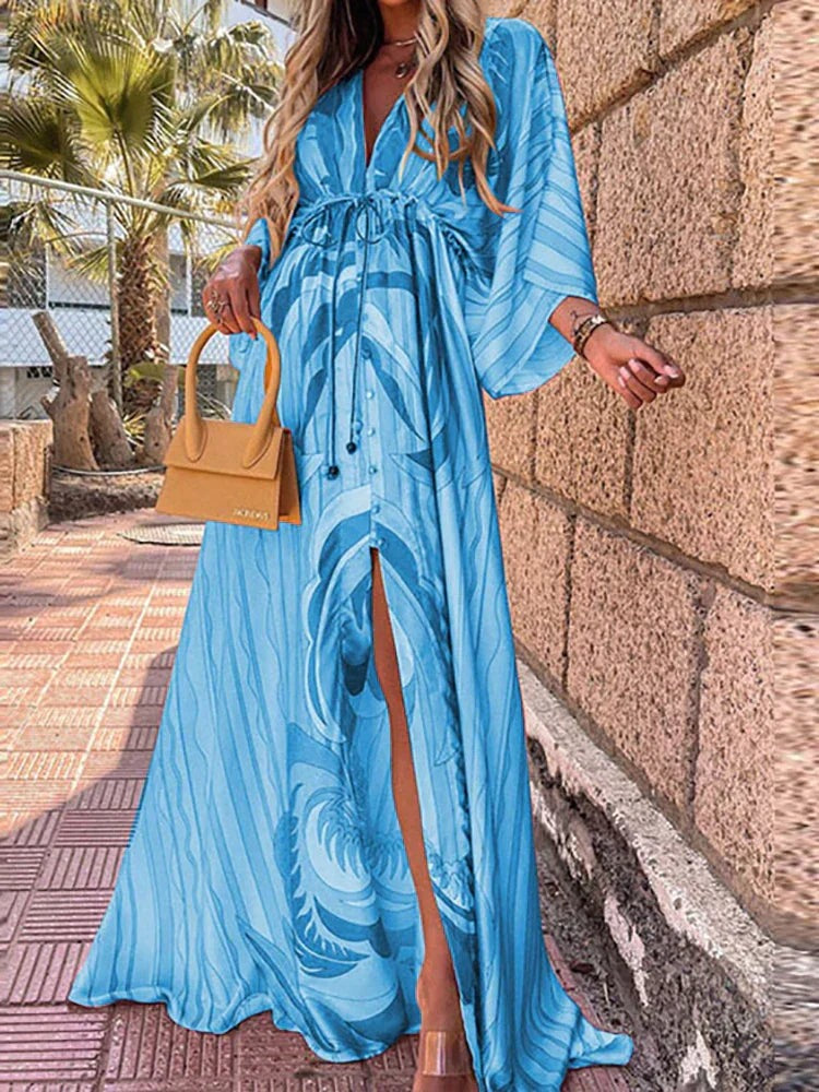 Women's Summer Maxi Dress with V-Neck and 3/4 Sleeves