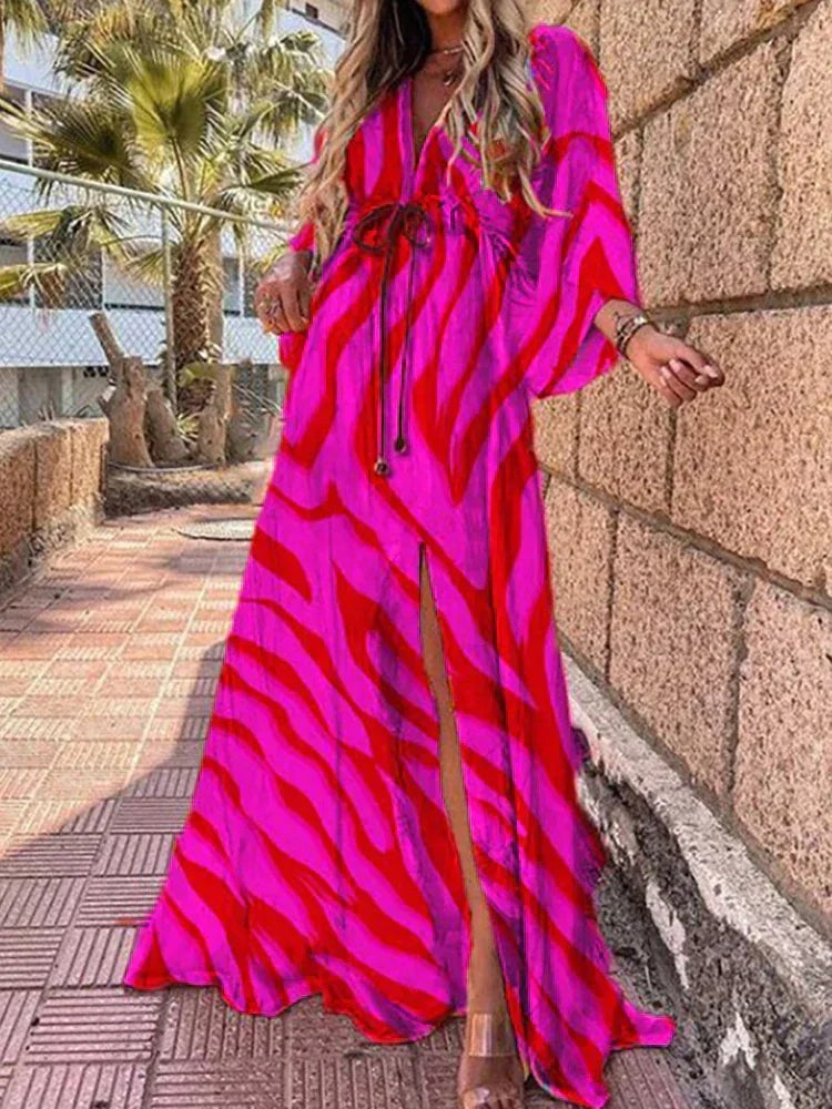 Women's Summer Maxi Dress with V-Neck and 3/4 Sleeves