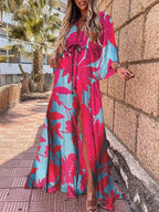Women's Summer Maxi Dress with V-Neck and 3/4 Sleeves
