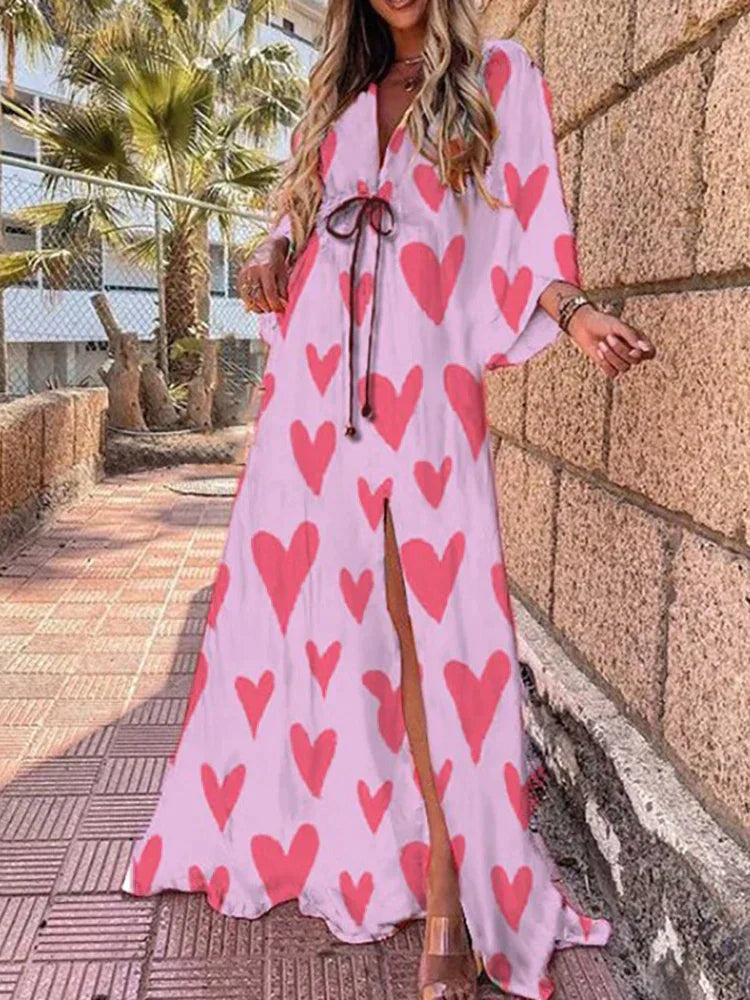 Women's Summer Maxi Dress with V-Neck and 3/4 Sleeves