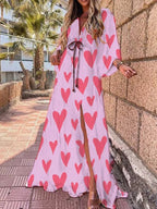 Women's Summer Maxi Dress with V-Neck and 3/4 Sleeves