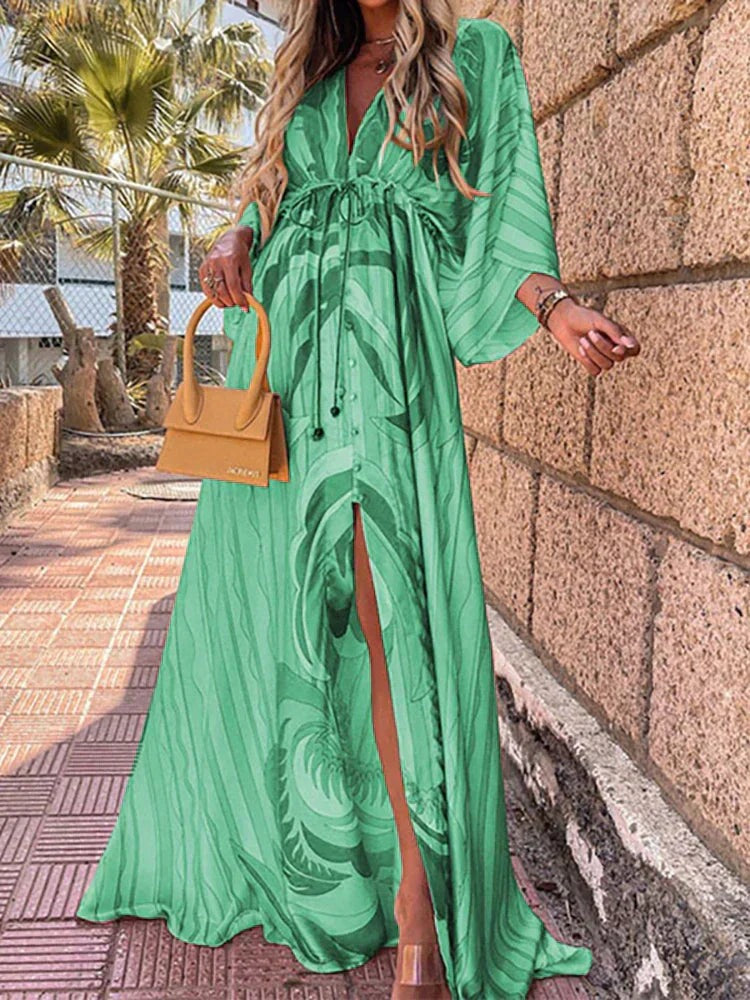 Women's Summer Maxi Dress with V-Neck and 3/4 Sleeves