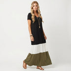 Women's Summer Maxi Dress with V-Neck and Colour Block