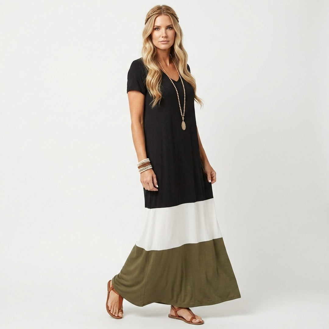 Women's Summer Maxi Dress with V-Neck and Colour Block