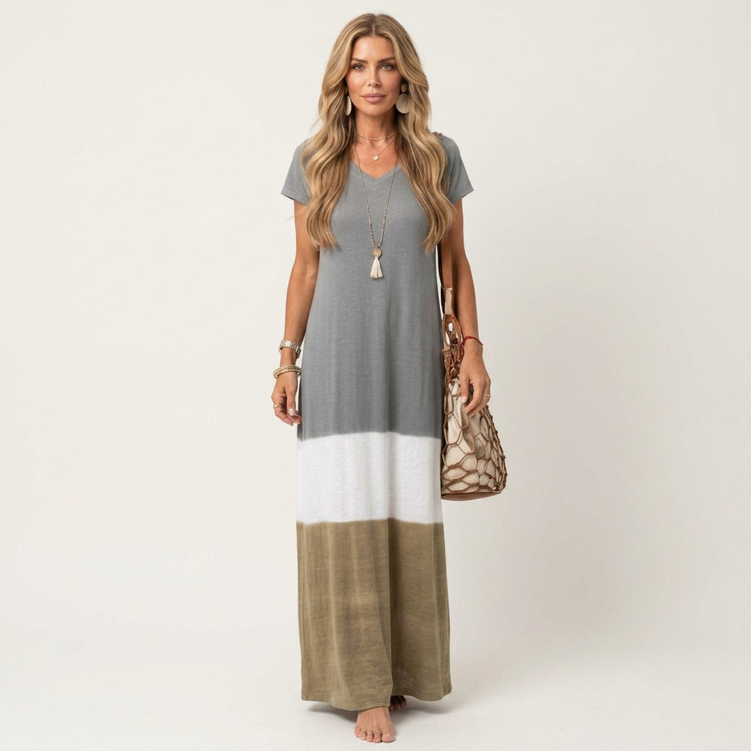 Women's Summer Maxi Dress with V-Neck and Colour Block