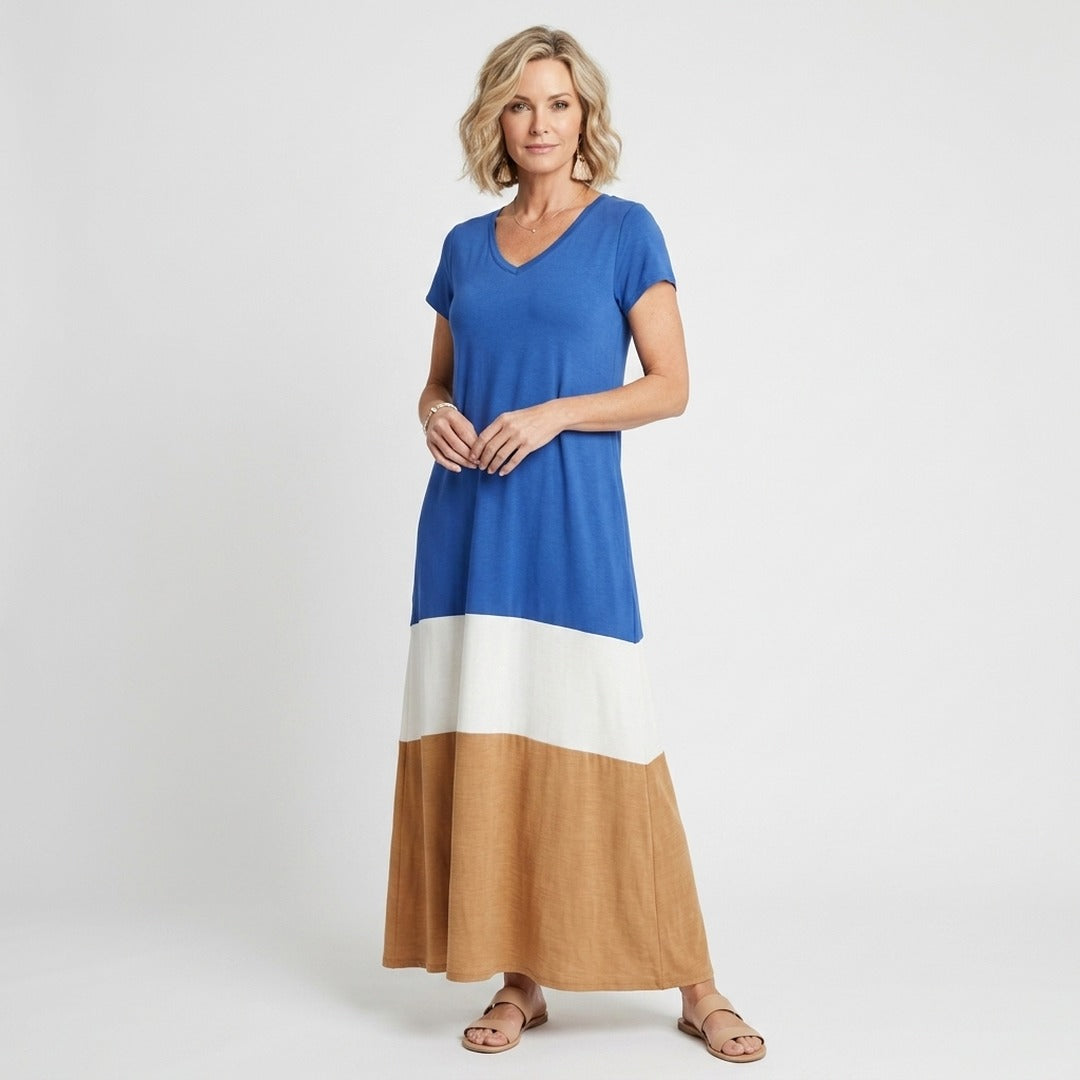 Women's Summer Maxi Dress with V-Neck and Colour Block