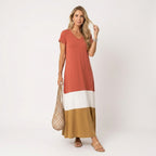 Women's Summer Maxi Dress with V-Neck and Colour Block