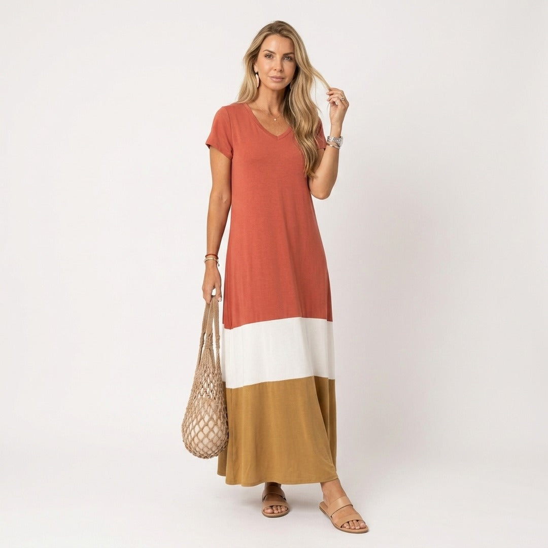 Women's Summer Maxi Dress with V-Neck and Colour Block
